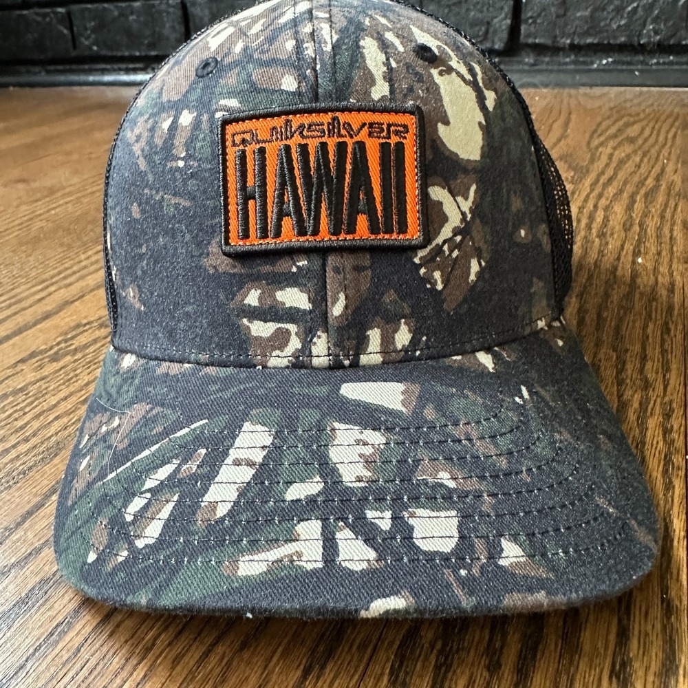 Quiksilver Hawaii Camo Logo Snapback Trucker Hat Mens Mesh Surf Cap Black Orange - Picture 8 of 8